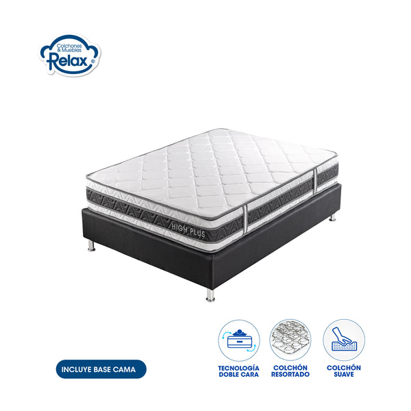 Combo Colchón Relax Tamaño Doble High Plus Resortado Intermedio + Base Cama 100% Madera Natural  140x190x24cm.