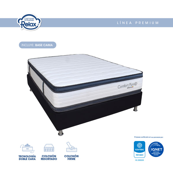 Combo Colchón Relax Extra Firme Confort Plus Con Pillow Top Tamaño Sencillo 100x190x26cm Sistema High Care + Base Cama Entera 100% Madera Inmunizada Anti-Plagas. Gratis Protector de Colchón