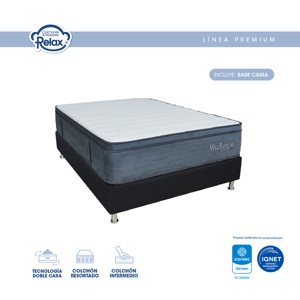 Combo Colchón Doble Resortado Relax VitalRest Con Pillow Firmeza Intermedia Incluye Base Cama Entera 100% Madera Resistente Inmunizada Tamaño Doble 140x190x28cm